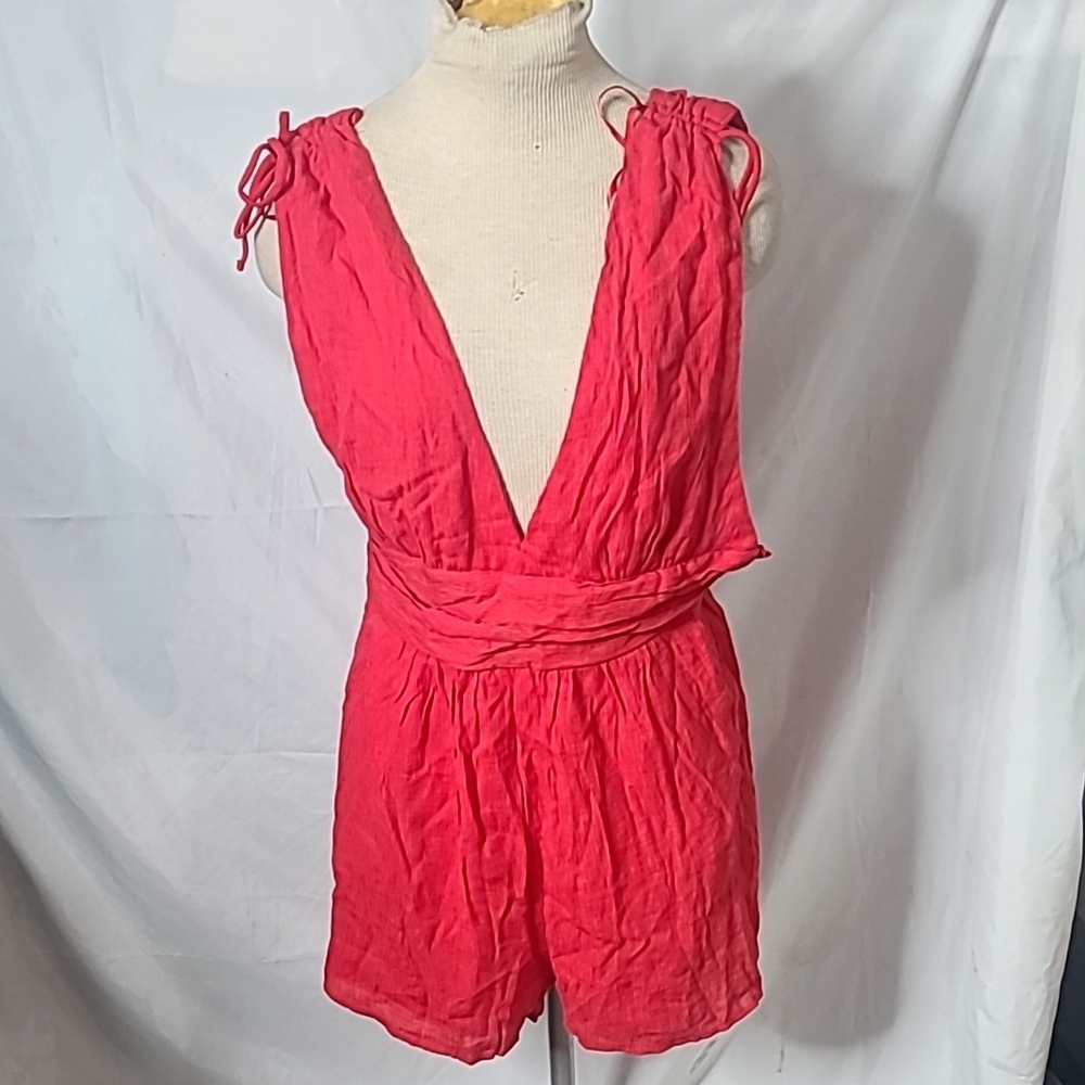 One Clothing Red Romper with Ruffled Straps and Deep V-neckline